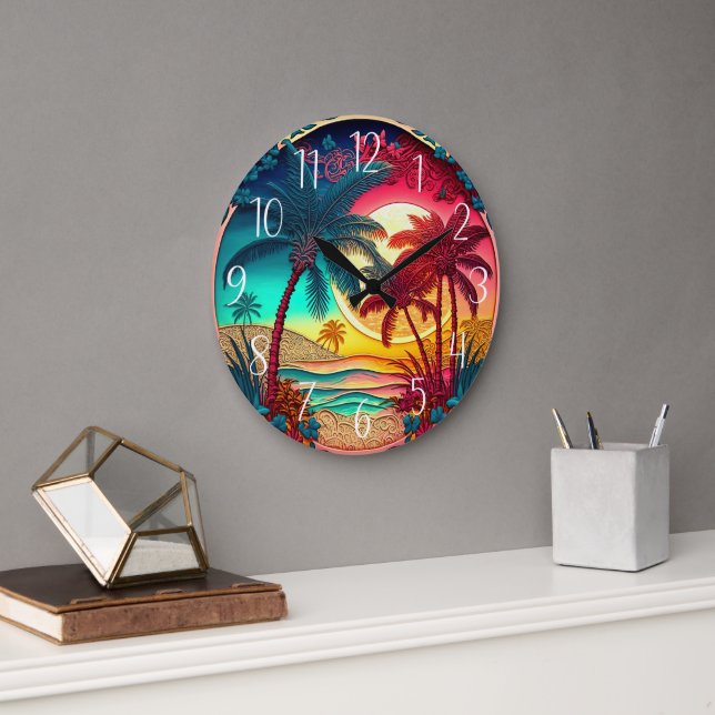 beautiful colorful palm trees beach house large clock (Office)