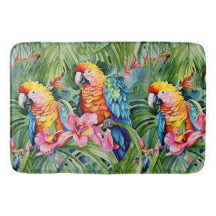 Beautiful Colorful Parrots and Tropical Flowers Bath Mat
