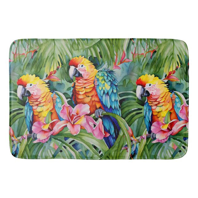 Beautiful Colorful Parrots and Tropical Flowers Bath Mat (Front)