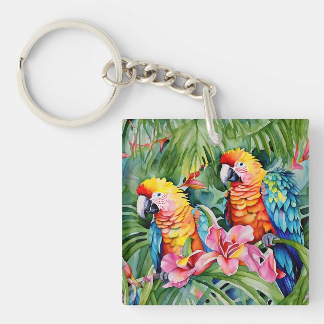 Beautiful Colorful Parrots and Tropical Flowers Keychain (Front)