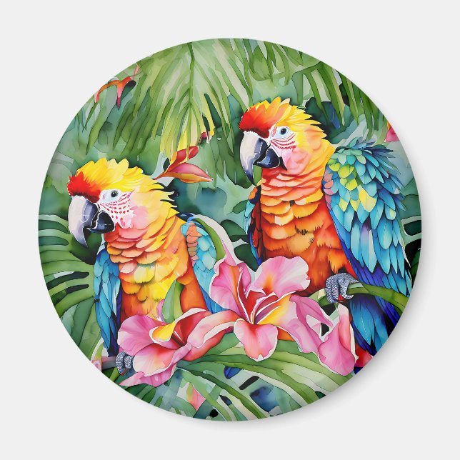 Beautiful Colorful Parrots and Tropical Flowers Magnet (Front)