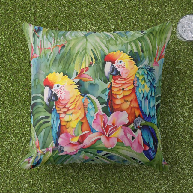 Beautiful Colorful Parrots and Tropical Flowers Outdoor Pillow (Grass)