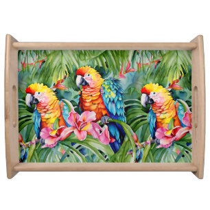 Beautiful Colorful Parrots and Tropical Flowers Serving Tray