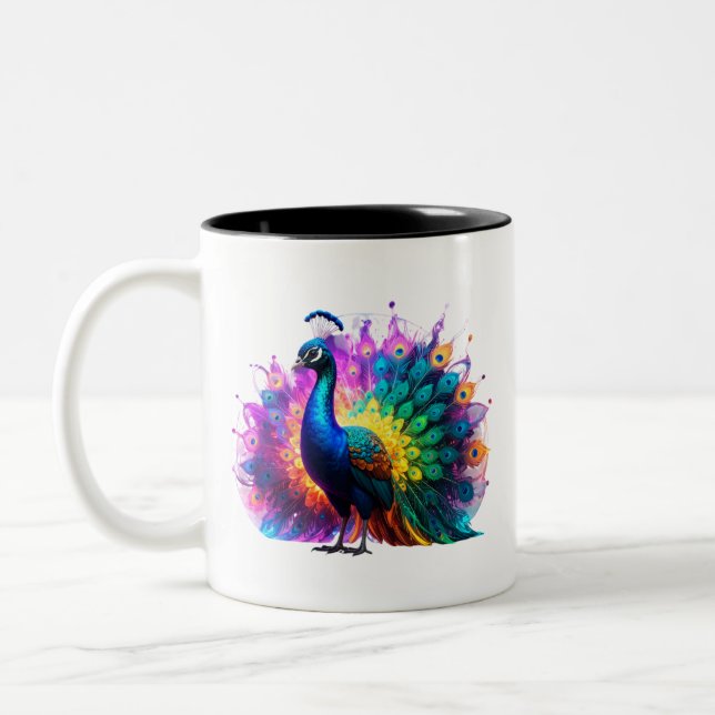 Beautiful Colorful Peacock Art  Two-Tone Coffee Mug (Left)