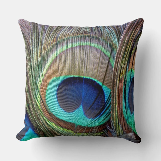 Beautiful colorful peacock feathers throw pillow (Front)