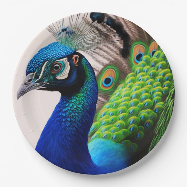 Beautiful Colorful Peacock Peafowl Bird Wildlife Paper Plates (Front)