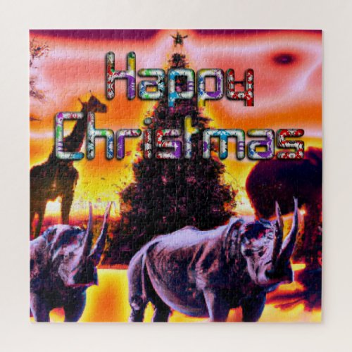 Beautiful Colorful Rhinos Christmas Sunset Sky Jigsaw Puzzle