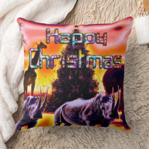 Beautiful Colorful Rhinos Christmas Sunset Sky Throw Pillow