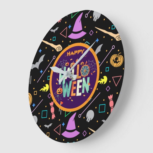 Beautiful Colorful Scary Halloween Patterns Large Clock (Angle)