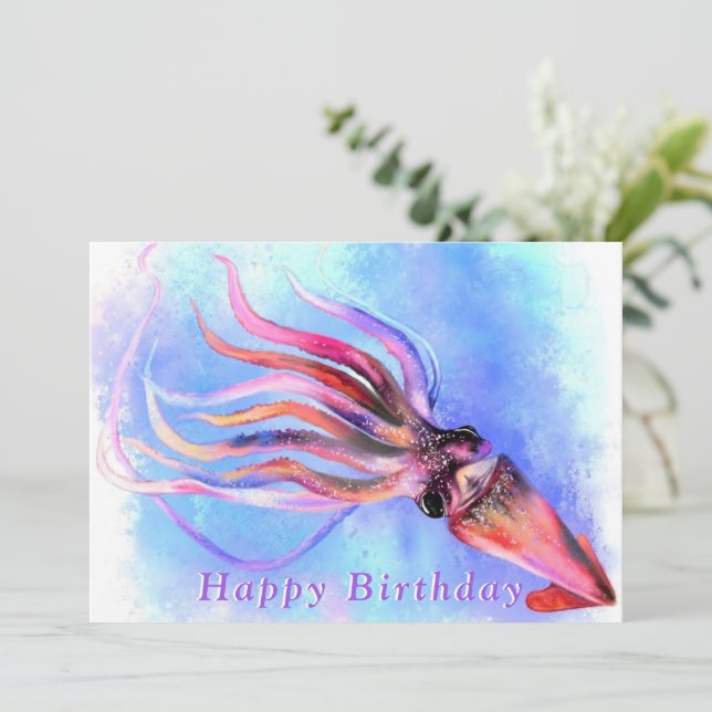 Beautiful Colorful Squid Swimming - Happy Birthday (Standing Front)