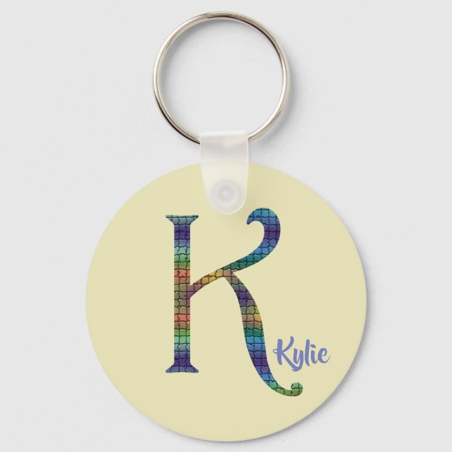 Beautiful Colorful Tile Letter K Initial Monogram Keychain (Front)