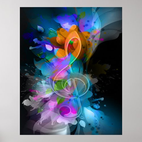 Beautiful Colorful Treble Clef Flower Leaves Paint Poster