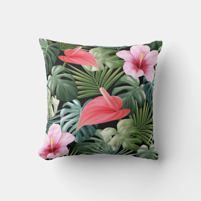 Beautiful colorful Tropical Flowers and Leaves Throw Pillow (Front)