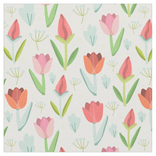 Beautiful Colorful Tulips With Leafs Fabric