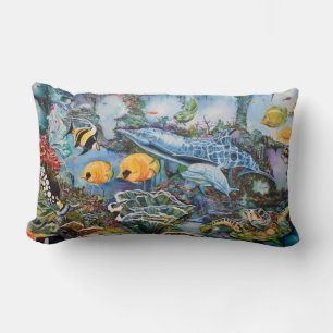 Beautiful Colorful Undersea Fish Sea Turtle Scene Lumbar Pillow
