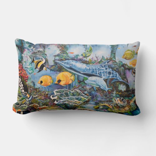 Beautiful Colorful Undersea Fish Sea Turtle Scene Lumbar Pillow