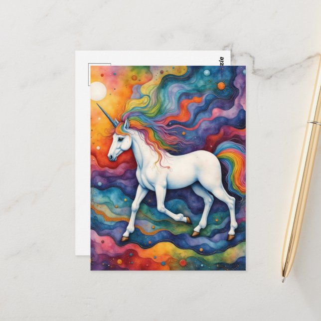 Beautiful Colorful Unicorn Fantasy Postcard (Front/Back In Situ)