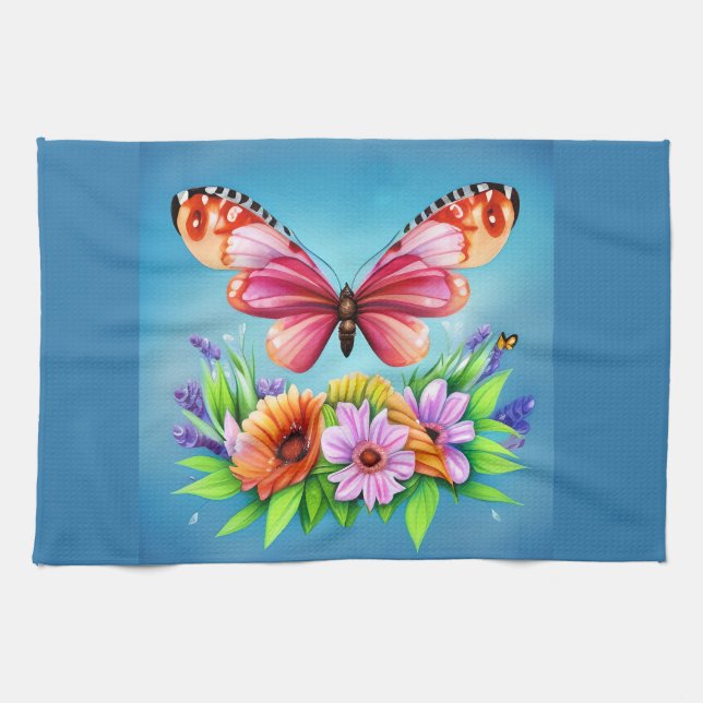 Beautiful Colorful Watercolor Butterfly and Flower Kitchen Towel (Horizontal)