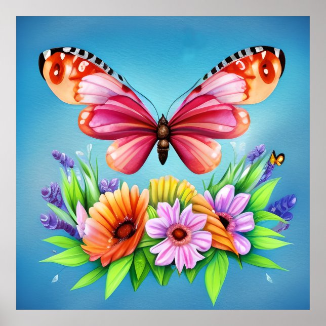 Beautiful Colorful Watercolor Butterfly and Flower Poster (Front)
