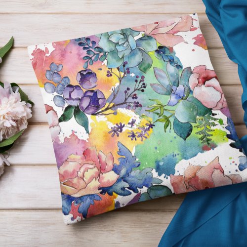 Beautiful Colorful Watercolor Flowers Floral Throw Pillow