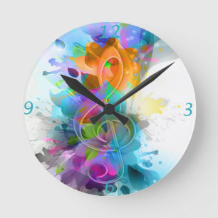 Beautiful Colorful Watercolor Splatter Music note Round Clock