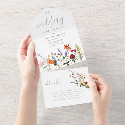 Beautiful Colorful Wildflowers Wedding All In One Invitation