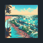Beautiful Comic Pop Art Style Beach Scene<br><div class="desc">Beautiful blue ocean waves on a sandy beach with a pretty reflection in the water. Palm trees and sparkling water and a cloudy sky.</div>