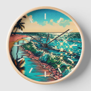 Beautiful Comic Pop Art Style Beach Scene Clock
