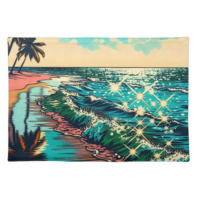 Beautiful Comic Pop Art Style Beach Scene Cloth Placemat (Front)