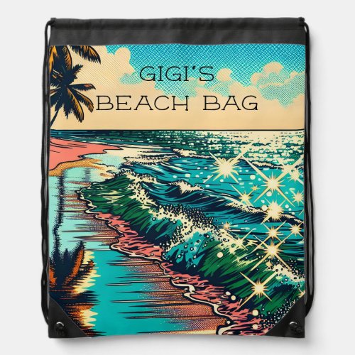 Beautiful Comic Pop Art Style Beach Scene Drawstring Bag