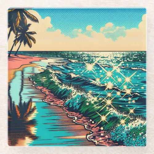 Beautiful Comic Pop Art Style Beach Scene Glass Coaster