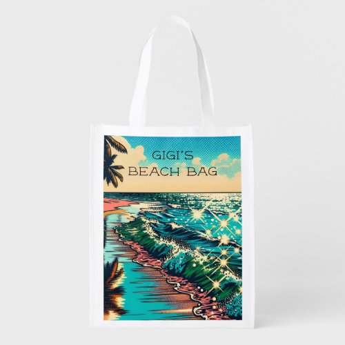 Beautiful Comic Pop Art Style Beach Scene Grocery Bag