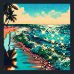 Beautiful Comic Pop Art Style Beach Scene Poster<br><div class="desc">Beautiful blue ocean waves on a sandy beach with a pretty reflection in the water. Palm trees and sparkling water and a cloudy sky.</div>