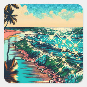Beautiful Comic Pop Art Style Beach Scene Square Sticker