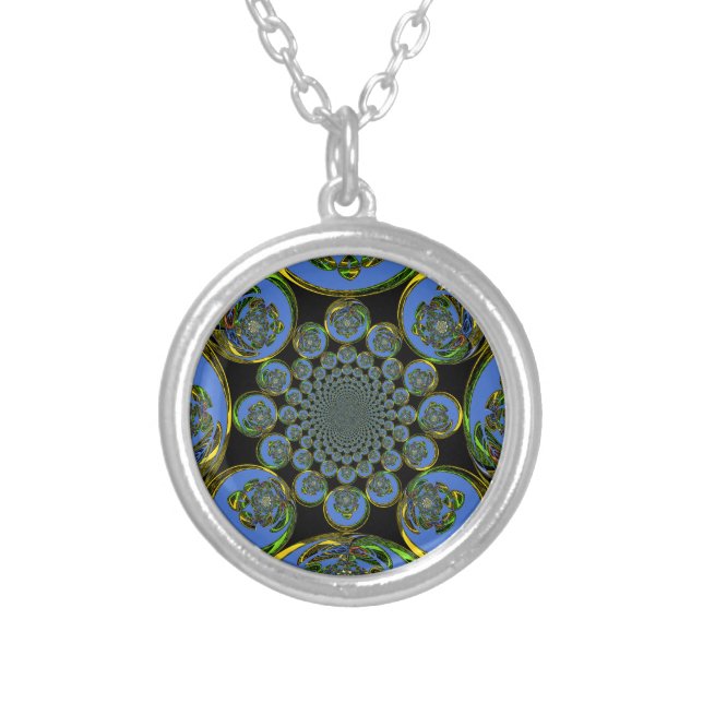 Beautiful cool royal blue black Kaleidoscope  art Silver Plated Necklace (Front)