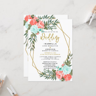 Beautiful Coral and Light Teal Floral Invitation