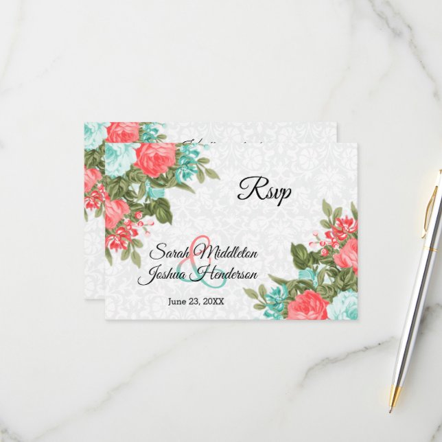 Beautiful Coral and Teal Flower - RSVP (Front/Back In Situ)
