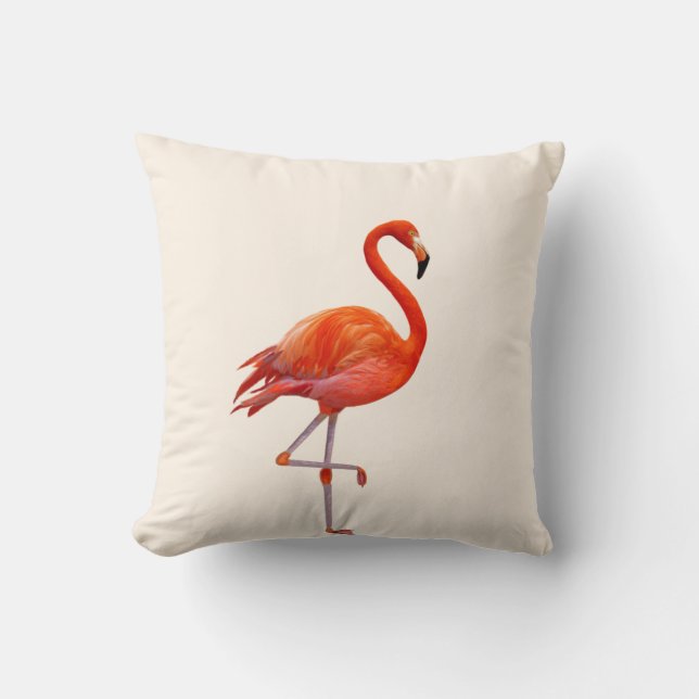 Beautiful Coral Pink Flamingo on Light Sand Beige Throw Pillow (Front)