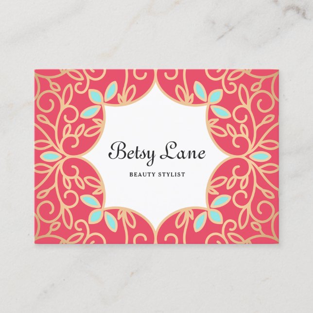 Beautiful Coral Red Rose Gold Swirls Beauty Salon Business Card (Front)