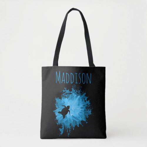 Beautiful Coral Reef Turtle Shadow Black Blue Tote Bag