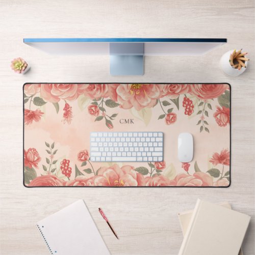 Beautiful Coral Roses Monogram Floral Feminine Desk Mat