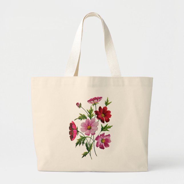 Beautiful Cosmos Flowers in Crewel Embroidery Large Tote Bag (Front)