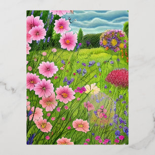 Beautiful Country Garden Flowers Illustration Pain Foil Holiday Postcard