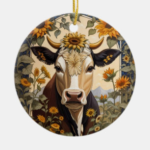 Beautiful Countryside Cow Sunflower Decorative  Ceramic Ornament