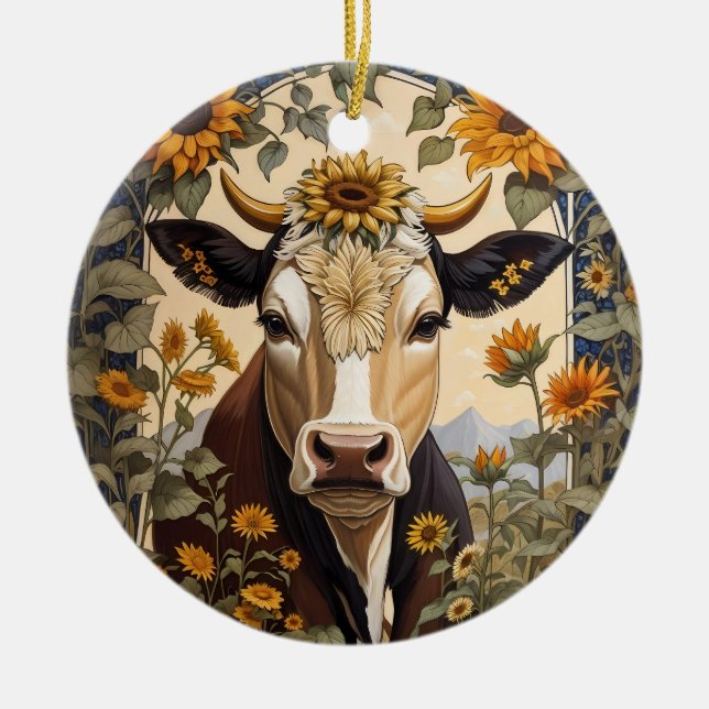 Beautiful Countryside Cow Sunflower Decorative  Ceramic Ornament (Front)