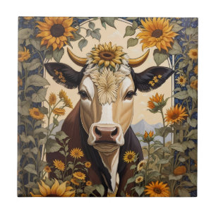 Beautiful Countryside Cow Sunflower Decorative Ceramic Tile