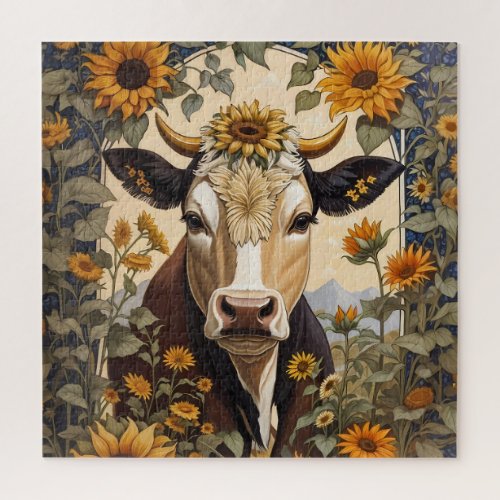 Beautiful Countryside Cow Sunflower Decorative Jigsaw Puzzle