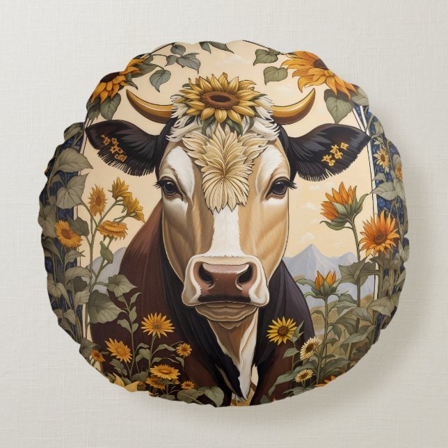 Beautiful Countryside Cow Sunflower Decorative Round Pillow (Front)