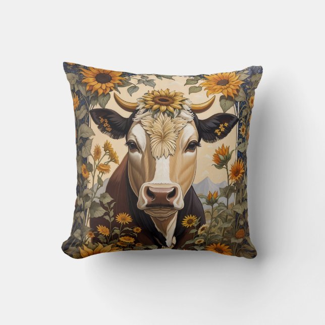 Beautiful Countryside Cow Sunflower Decorative Throw Pillow (Front)