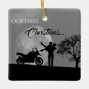 Beautiful Couples First Christmas Motorcycle Love Ceramic Ornament